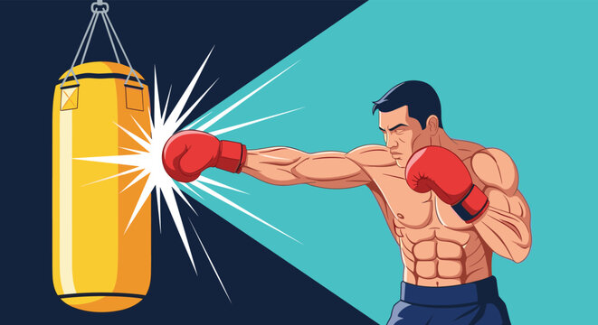 Athletic male boxer wearing red gloves delivers a powerful punch to a yellow heavy bag with a dynamic action effect in a gym setting.