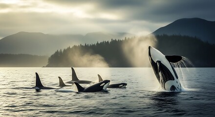 Naklejka premium Orcas jumping out of water together.