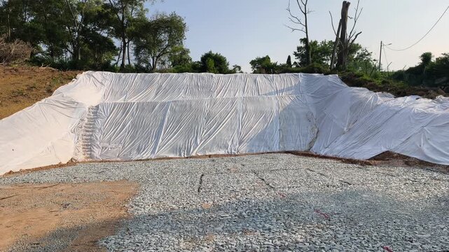 A newly cut soil slope is covered with temporary plastic sheeting. This tarp prevents rainwater erosion to ensure site safety. Workers will remove the cover once grass planting begins.