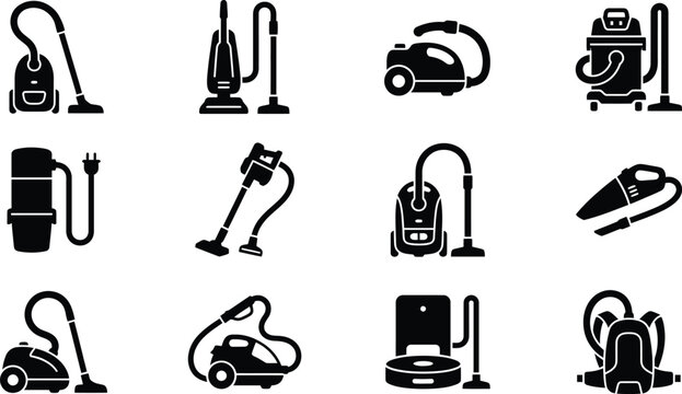 Set of various vacuum cleaner icons and home cleaning equipment silhouettes.