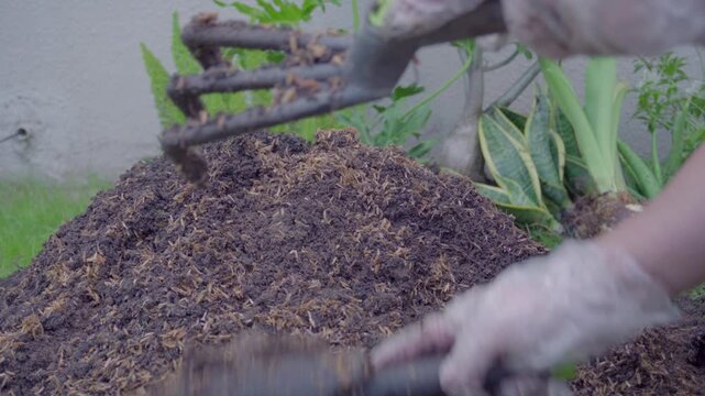Mixing soil with fertilizer using a hand shovel and a hand fork close up, agriculture.