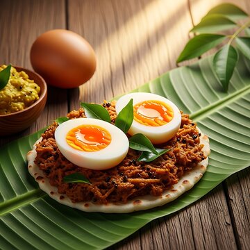 Traditional Indian breakfast of appam with chicken curry and boiled egg.
