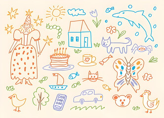 Naklejka premium Kids doodle elements set vector illustration, colorful outline drawings of fairy, animals, house, and cake on beige background