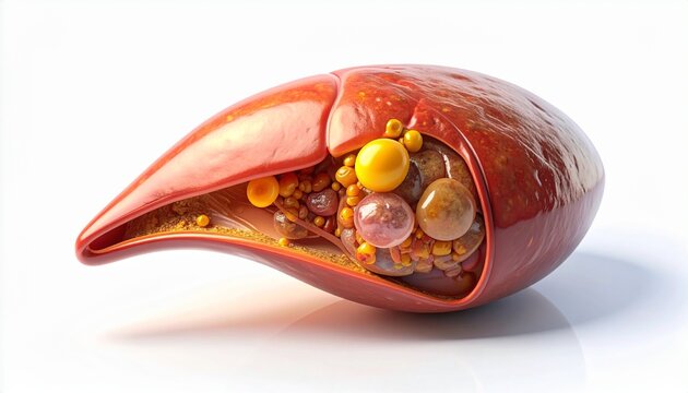 Gallbladder with gallstones illustrates pathological condition through a detailed 3D anatomical organ model render.