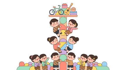 Fototapeta premium Cartoon children forming a human tower with colorful blocks and toys
