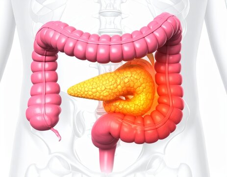 Pancreas organ displays a granular surface texture and vibrant yellow color against the soft pink of the intestines.