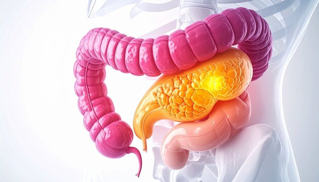 Pancreas appears as a highlighted yellow organ within the human digestive system to show medical diagnostic focus.