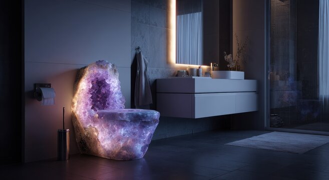 Surreal luxury bathroom interior featuring a glowing purple amethyst geode toilet and modern vanity