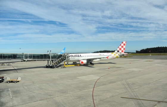 Airbus aircraft belonging to the Spanish low-cost airline Volotea on the runway at Asturias Airport. Asturias Airport, Oviedo, Gij&oacute;n, Avil&eacute;s. Principado of Asturias, Spain.