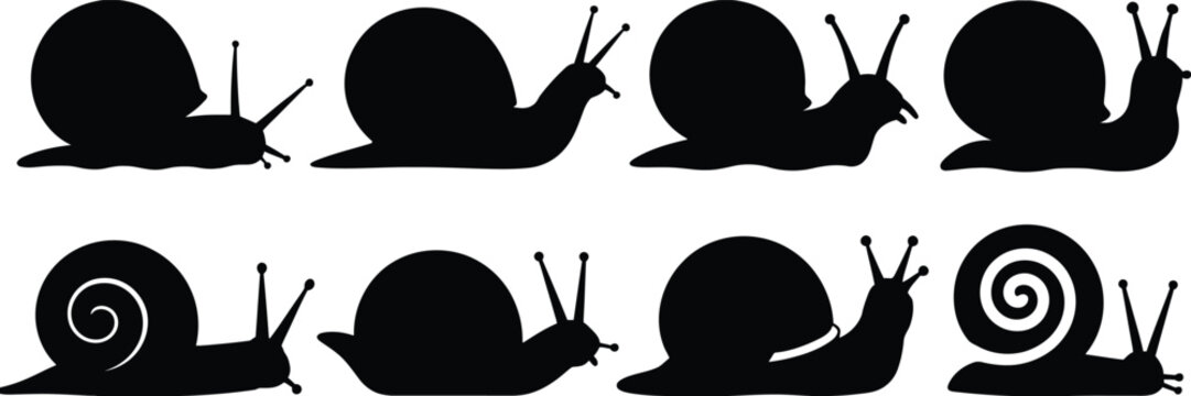Snail Silhouette Vector Collection, Various Garden Snail Poses and Shell Designs Isolated Wildlife Mollusk Icon Set