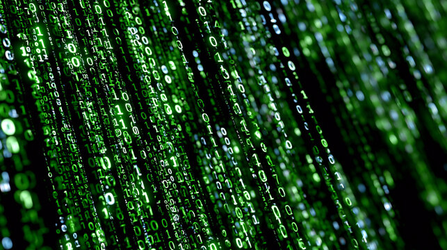 Binary matrix rain pattern cascading across dark terminal substrate, monospaced numeral columns in dense typographic grid, machine code aesthetic rendered as deep-field data stream, cryptography and