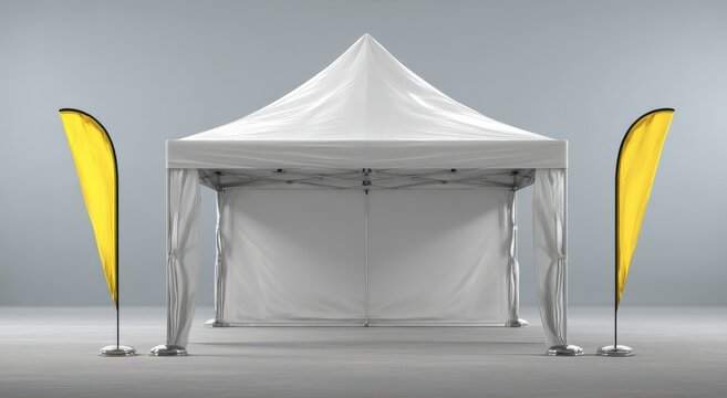 White promotional event tent canopy with yellow feather flags on a gray background