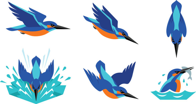 Modern Geometric Kingfisher Bird Vector Set Showing Flying Diving and Catching Fish Activities for Wildlife Logos Nature Badges and Mascot Designs