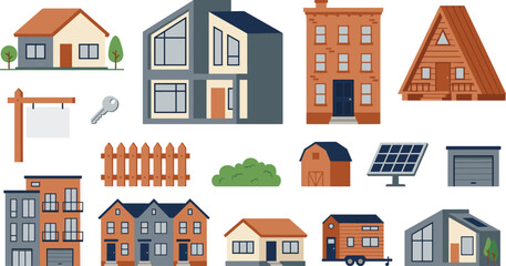 Fototapeta premium Real Estate House Vector Set with Modern Villa Tiny Home Cabin Apartment Building and Solar Panel Icons for Property Architecture Designs