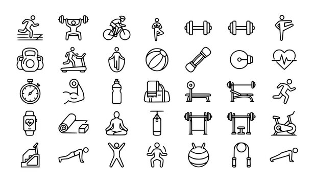 Minimal fitness and exercise outline icon vector collection with editable stroke