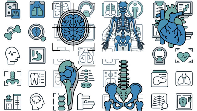 Comprehensive medical diagnostic imaging icons set including anatomy scans and xray machine technology elements for clinical analysis