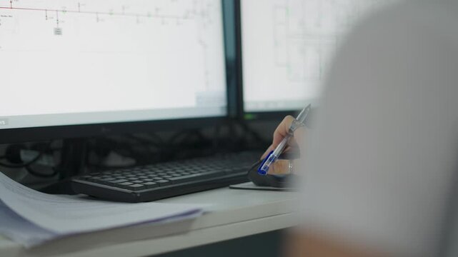 Operador controlando un mouse frente a un monitor con herramientas digitales en una oficina t&eacute;cnica, supervisi&oacute;n, monitoreo, gesti&oacute;n, tecnolog&iacute;a y control de operaciones