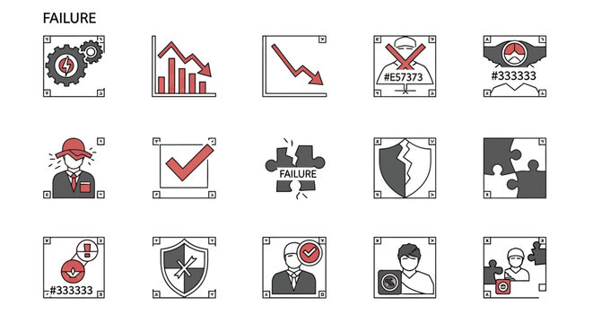 Failure and problem solving icons set in red gray and white color