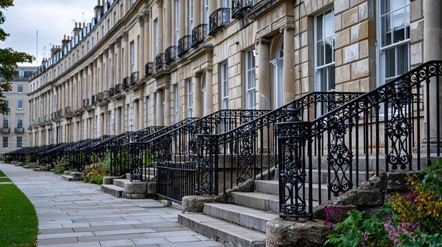 Georgian terrace row facades stretching in receding perspective, rendered stucco pilasters and sash windows repeating in rhythmic bays, iron railings bordering basement area steps, stone quoins at c