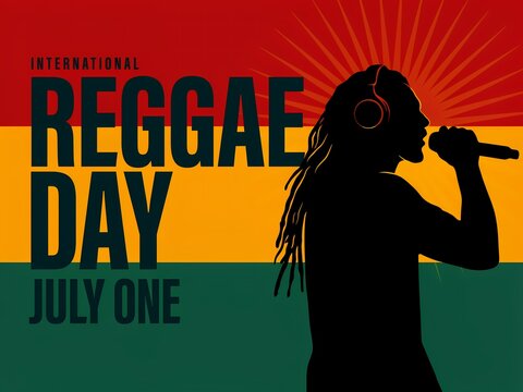 International reggae day poster design with silhouette of a singer with dreadlocks and headphones on rasta flag background