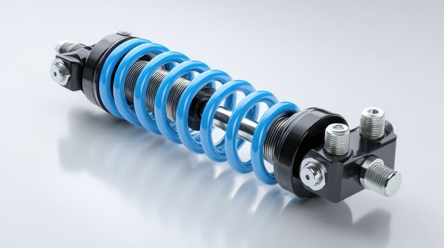 High-performance blue coilover shock absorber automotive suspension part on light studio background