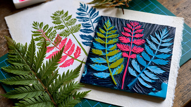 Handcarved linoleum relief block print plate beside fresh impressed test print on dampened mulberry kozo paper, gouge marks tracing botanical motifs, residual water-based ink pooling in carved valle