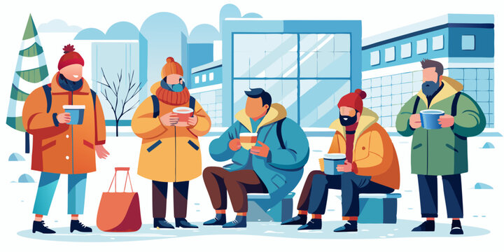 Snowy office workers chatting outside corporate building during winter lunch break in city snowfall