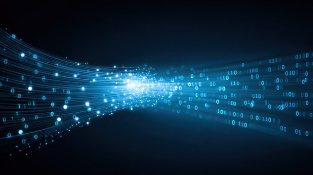 Intense blue digital data stream flows rapidly through a dark cyberspace environment