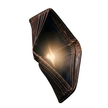 AI-generated photorealistic open empty wallet with golden light radiating from inside, isolated, financial hope and new beginnings symbol, 4K