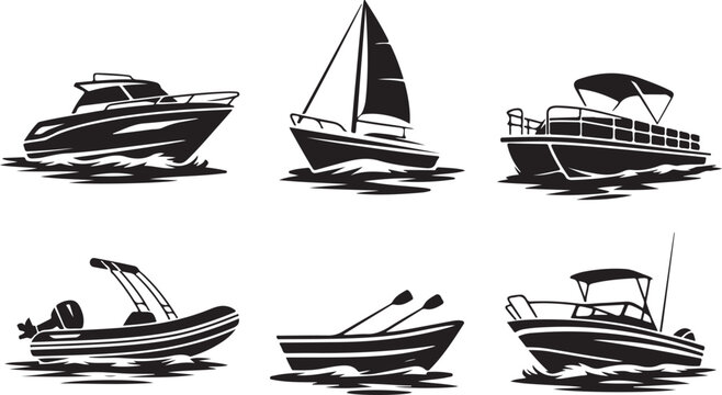 Six different types of boats on water