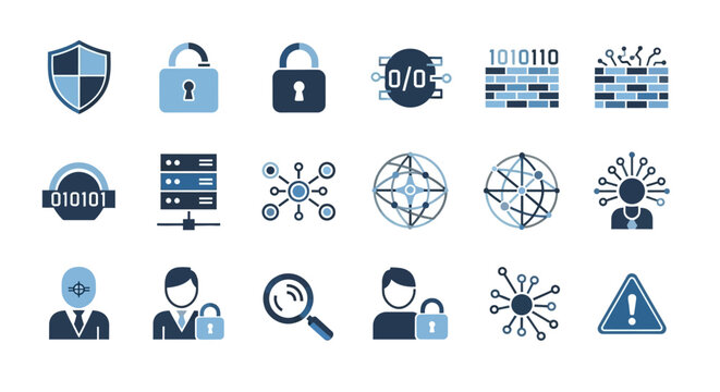 Set of cybersecurity icons shield lock server network and more