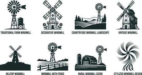 Traditional and vintage windmill silhouette vector bundle featuring farm landscapes rural barns fences and decorative designs for crafting © MdBabul