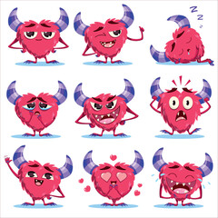Fototapeta premium Cute red fluffy monster heart Character Emotion Pack, Funny Cartoon Mascot Set