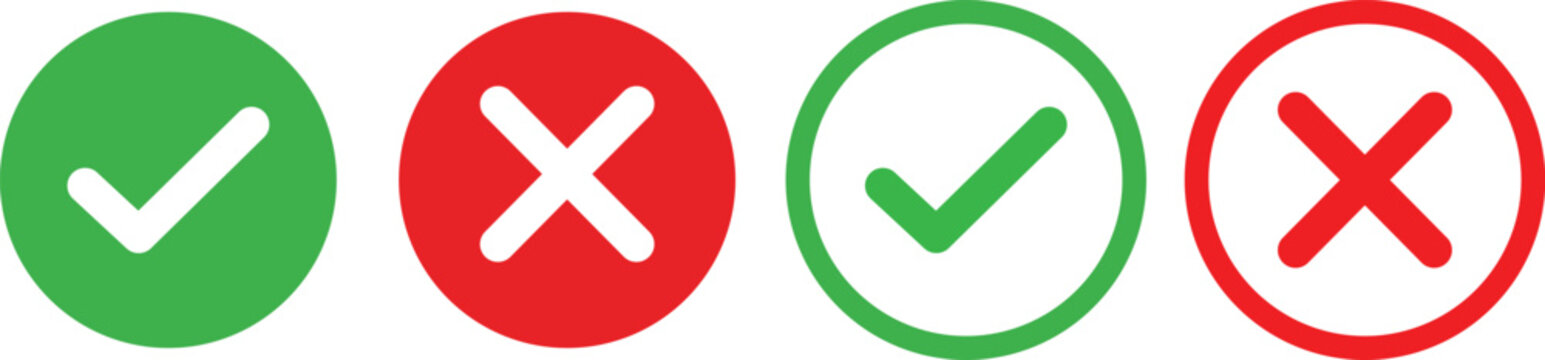 Green Check Mark and Red Cross Mark Icons Set in Circle Button for Correct and Wrong Symbol UI Design