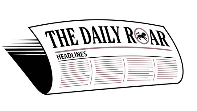 Rolled Up Newspaper with THE DAILY ROAR Headlines News Update isolated white background