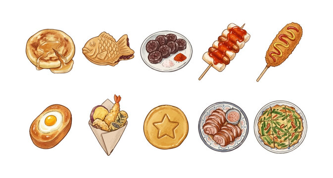 Korean Street Food Clipart Set Vol.2, Watercolor Flat Illustration, Hand-drawn Hotteok Bungeoppang Sundae Tteok Skewer Corn Dog Gyeranbbang Twigim Dalgona Jokbal Pajeon Vector