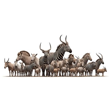 Diverse Group of African Wildlife Animals Standing Together on White Background.