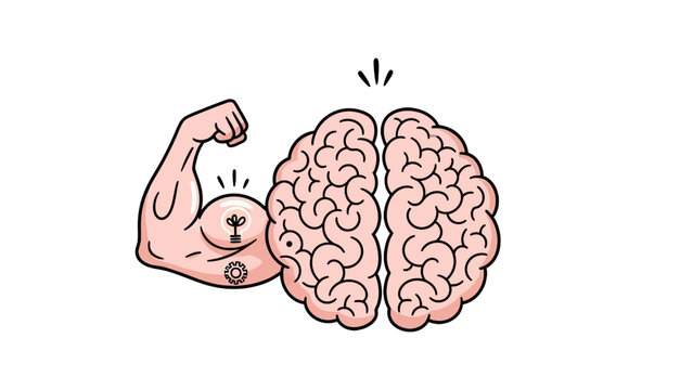 Cartoon Brain with Flexing Muscular Arm Representing Intelligence and Strength in isolated white background