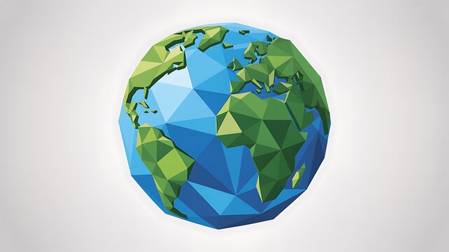 Low Poly Earth Graphic: A stylized, low-polygon representation of planet Earth, showcasing continents in green and oceans in blue, set against a clean, gradient background. A modern.