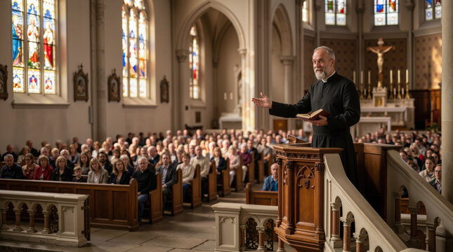 60-year-old male priest preaching a sermon from a wooden pulpit to a large congregation. Catholic mass inside a traditional church with stained glass windows. Religion and faith concept