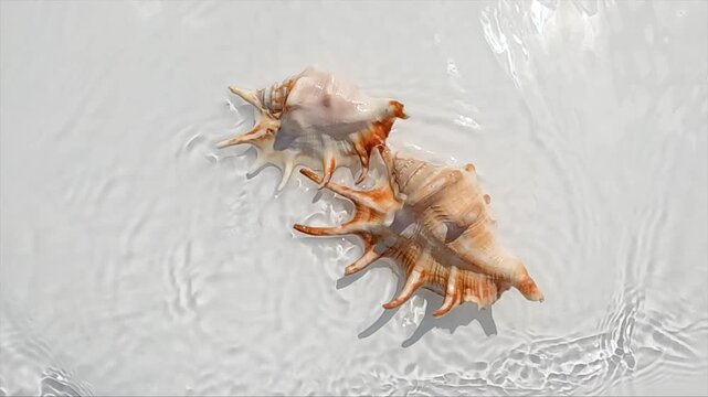 Two seashells lying in clear slow moving water with sunlight reflections.