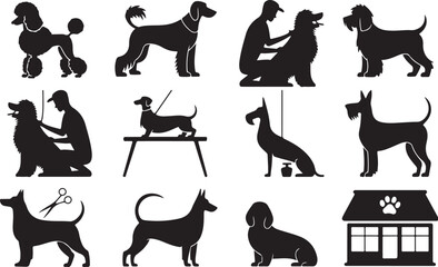 Fototapeta premium Black and white dog silhouette icons set