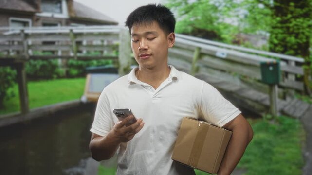 Man young chinese holding cardboard box and checking smartphone with thumb scrolling, forearm visible, neutral expression, on street; daily responsibility.