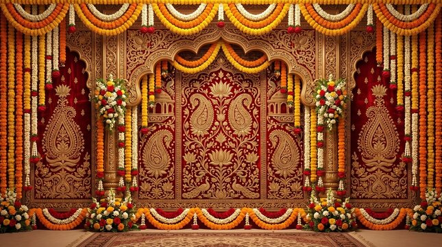 Regal crimson and gold &mdash; an opulent mandap backdrop worthy of a royal Indian wedding.