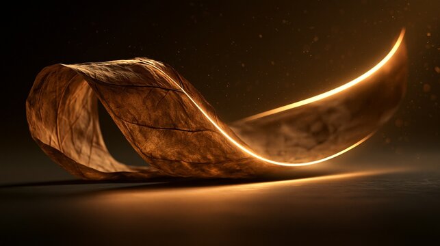 Closeup view of a single pristine cigar wrapper leaf softly curling around a glowing cigar silhouette highlighted by cinematic rim lighting on a dark gradient backdrop with subtle