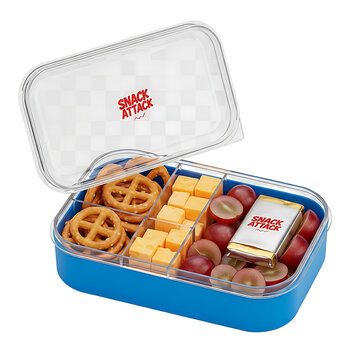 Blue bento box with assorted food items
