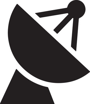 Black and white of a satellite dish antenna, featuring a parabolic reflector and a central receiver feed horn, isolated on a white background