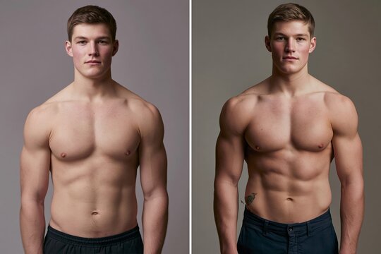Male model in diptych format showcasing two side-by-side images of a shirtless man with varying muscular definition and posture against a neutral background