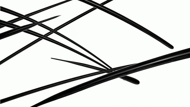 Slow tracking pan of abstract black curved lines crossing and converging over white minimal studio background