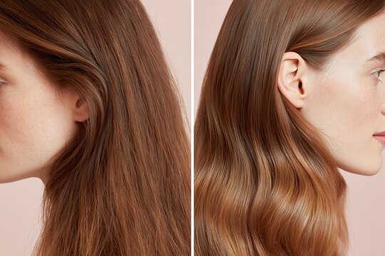 Female model with long brown hair styled in two different ways, showcasing straight hair on the left and wavy hair on the right against a soft pink background